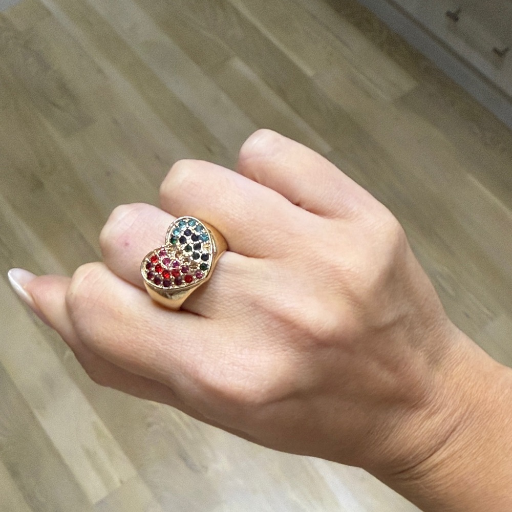 Gold Heart Ring with Rainbow jewels